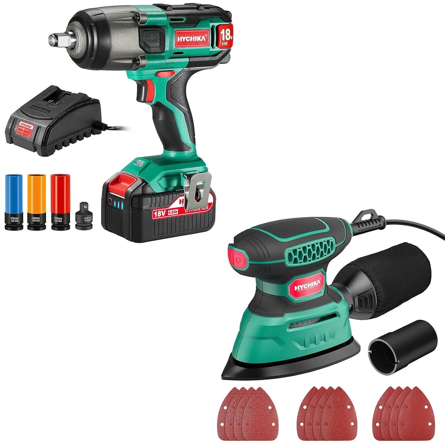 HYCHIKA Power Tool Combo Kit, 18 V Max Cordless Impact Wrench with 1/2 Impact Drivers,Detail Sander Tool with Vacuum Attach,2-Tool Power Tool Set