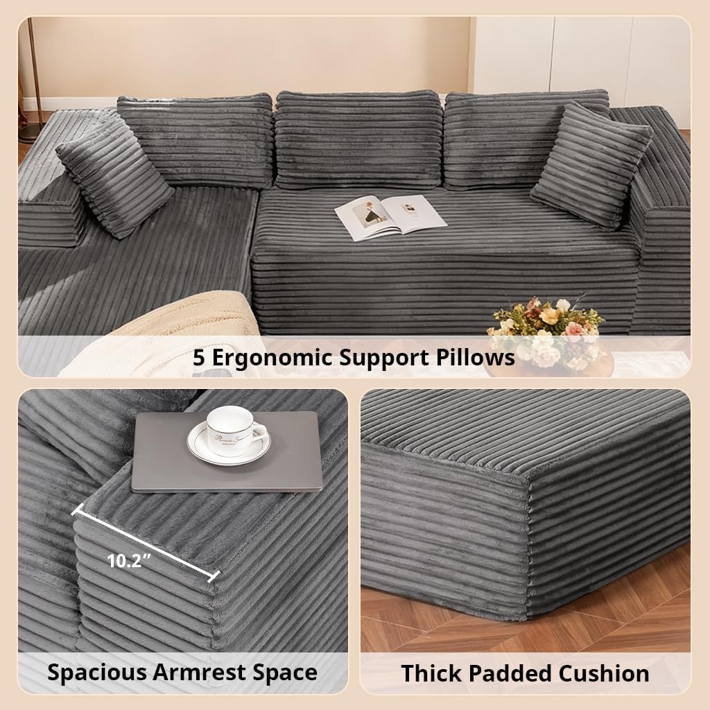COMHOMA 105'Modular Sectional Sofa with Deep Seat,Cloud Upholstered L-Shape Couch Wide Arms Corduroy Fabric High-Density Foam Chaise Lounge for Living Room No Assembly Required