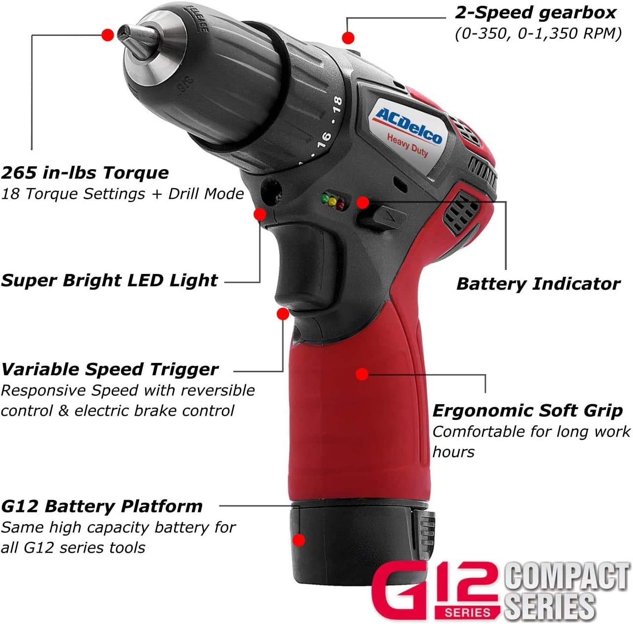 ACDelco G12 Series 3-Tool Cordless Combo 3/8' Brushless Ratchet Wrench + 2-Speed Drill/Driver+ Impact Driver, 2-battery, ARW12103-K11