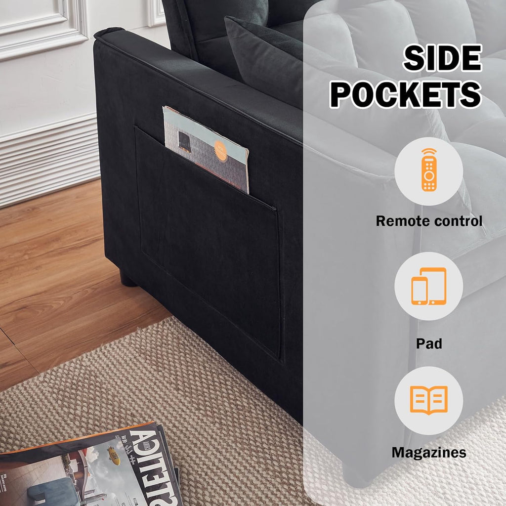 ECHINGLE Sleeper Sofa Bed, 3-in-1 Velvet Pull Out Couch with Armrests, Storage Pockets and 2 Pillows, Adjustable Backrest, Pull Out Sofa Bed Couch for Living Room, Bedroom(Black)