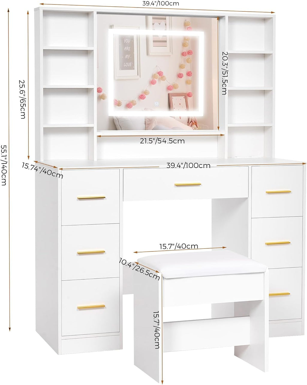 ANWBROAD Vanity Desk Table with Lighted Mirror 39.4' Girls Makeup Vanity with Power Outlet 3 Colors Lighting Adjustable Brightness Vanity Table for Women Bedroom Dressing Room White UBDT65W