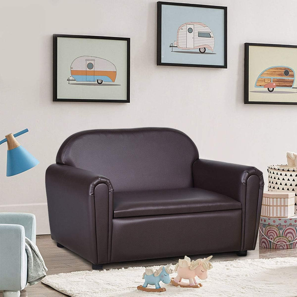 Costzon Kids Couch, 2 in 1 Double Seat Children's Sofa w/Under Seat Storage, PU Leather Surface, Toddler Armrest Chair, Kids Room, Soft Sofa with Storage for Preschool Baby Boys Girls Gifts