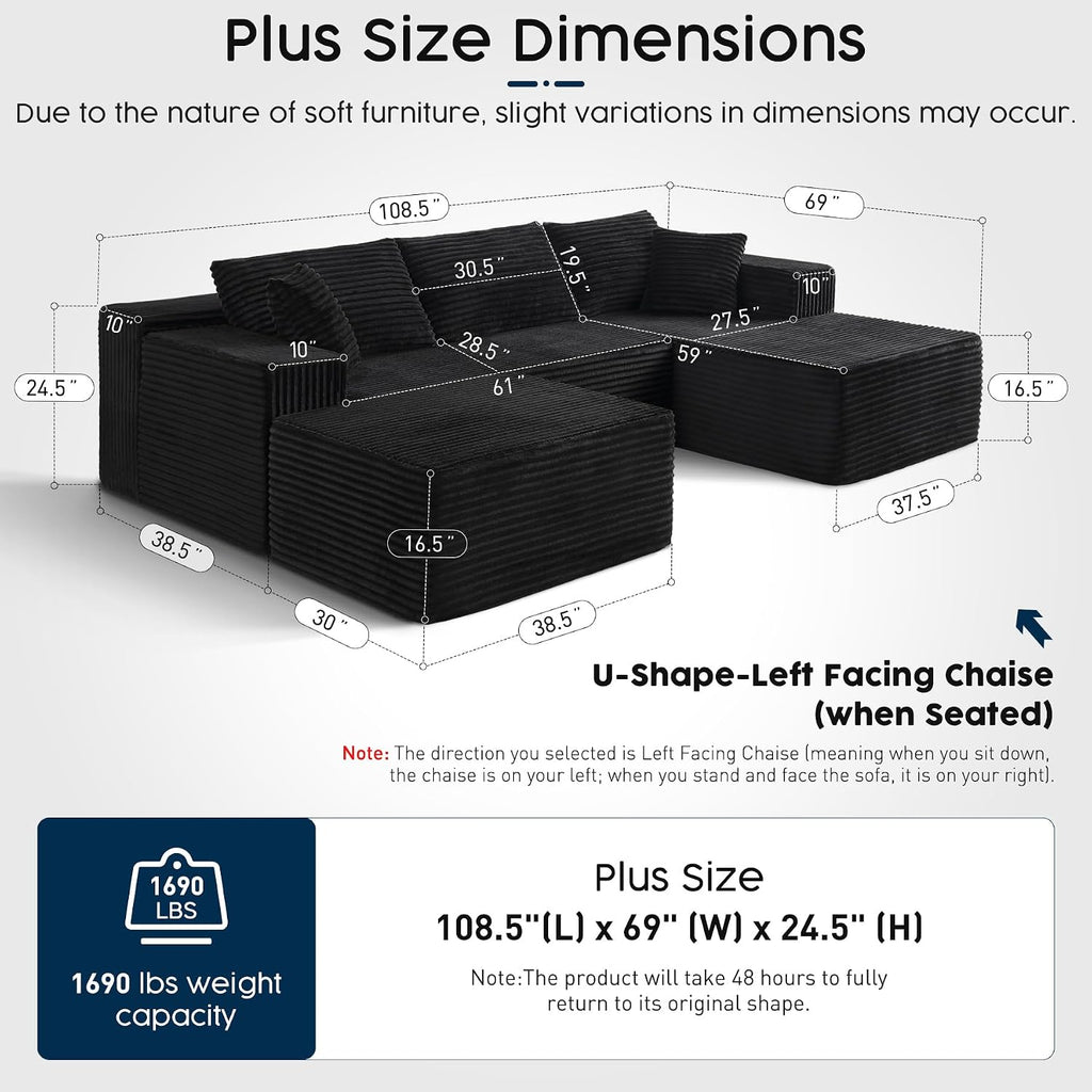 Black Sectional Couch with Ottoman, 108' Cloud Modular Couch for Living Room, Modern U-Shaped Sofa, No Assembly Required - Plush Corduroy Fabric & Deep Seat Comfort (Left Facing Chaise)