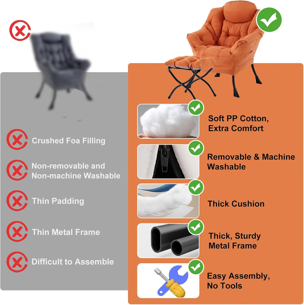 Furlide Lazy Chair with Ottoman, Modern Accent Chair with Armrests and a Side Pocket, Orange Accent Chairs, Reading Chairs, Oversized Armchairs for Bedroom, Study, Living Room, Courtyard