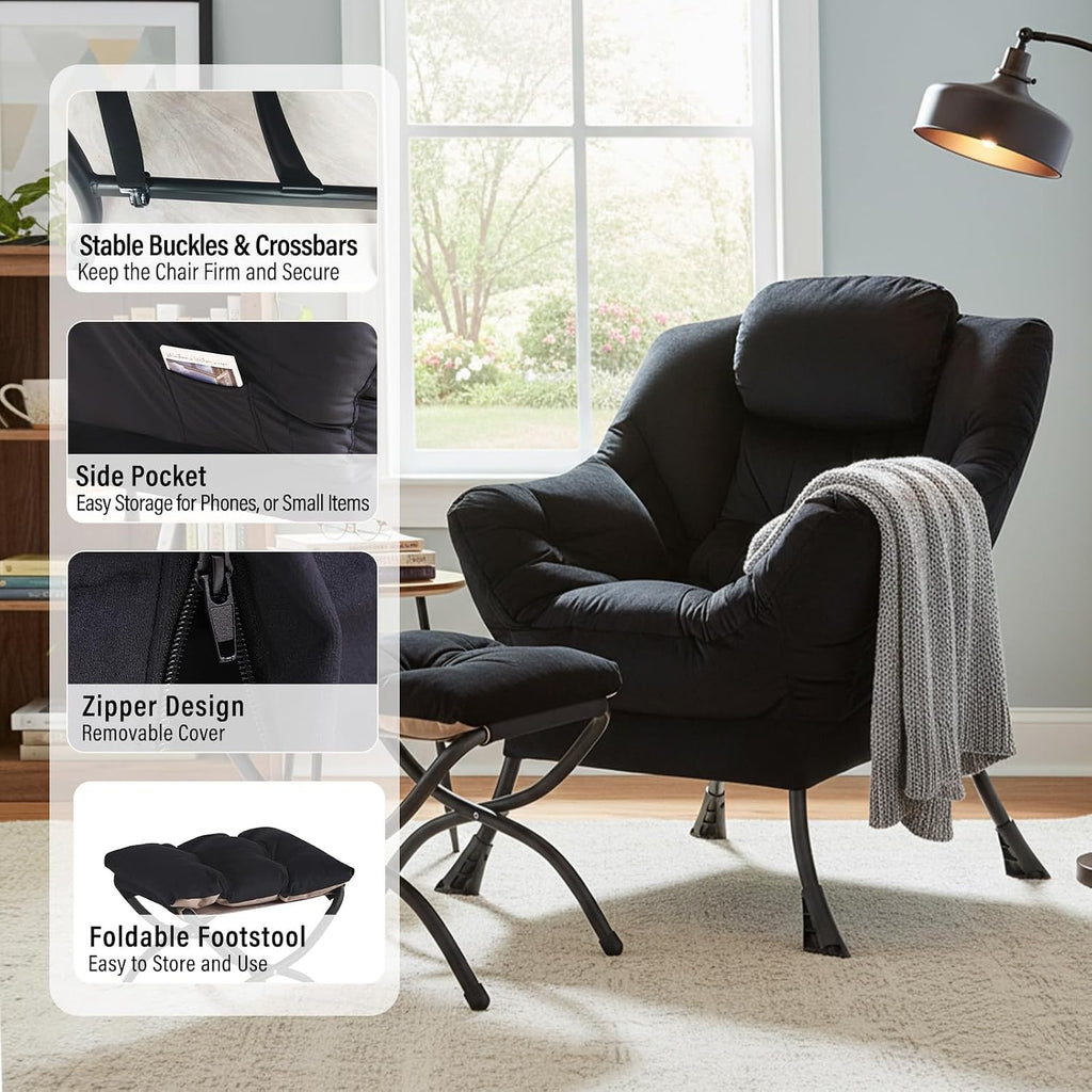 Furlide Lazy Chair with Ottoman, Modern Accent Chair with Armrests and a Side Pocket, Velvet Black Accent Chairs, Reading Chairs, Oversized Armchairs for Bedroom, Study, Living Room, Courtyard