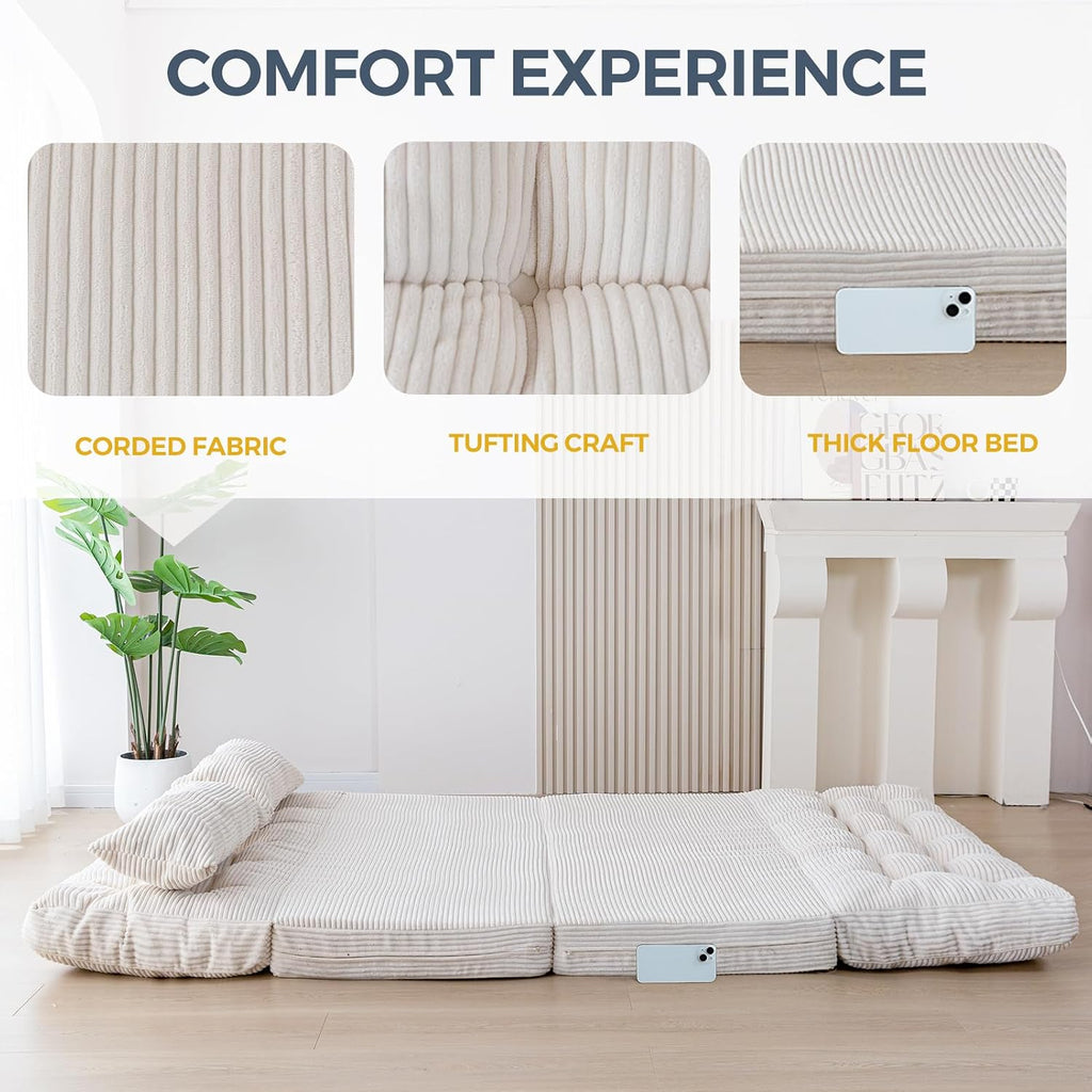 MAXYOYO Folding Sofa Bed, Tufted Bean Bag Bed with Pillows Floor Mattress for Adults, Extra Thick and Long Floor Sofa, Full Floor Couch Bed for Bedroom Living Room, Beige, 54x91 Inch