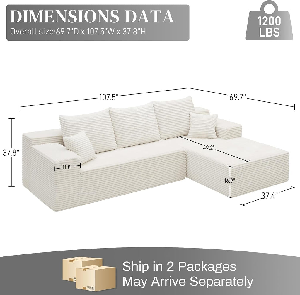 108' Boneless Couches for Living Room, L Shaped Comfy Cloud Modular Sectional Memory Foam Deep Seat Boneless Couch, No Assembly Required Boneless Sofa for Living Room with Right Facing Chaise, White