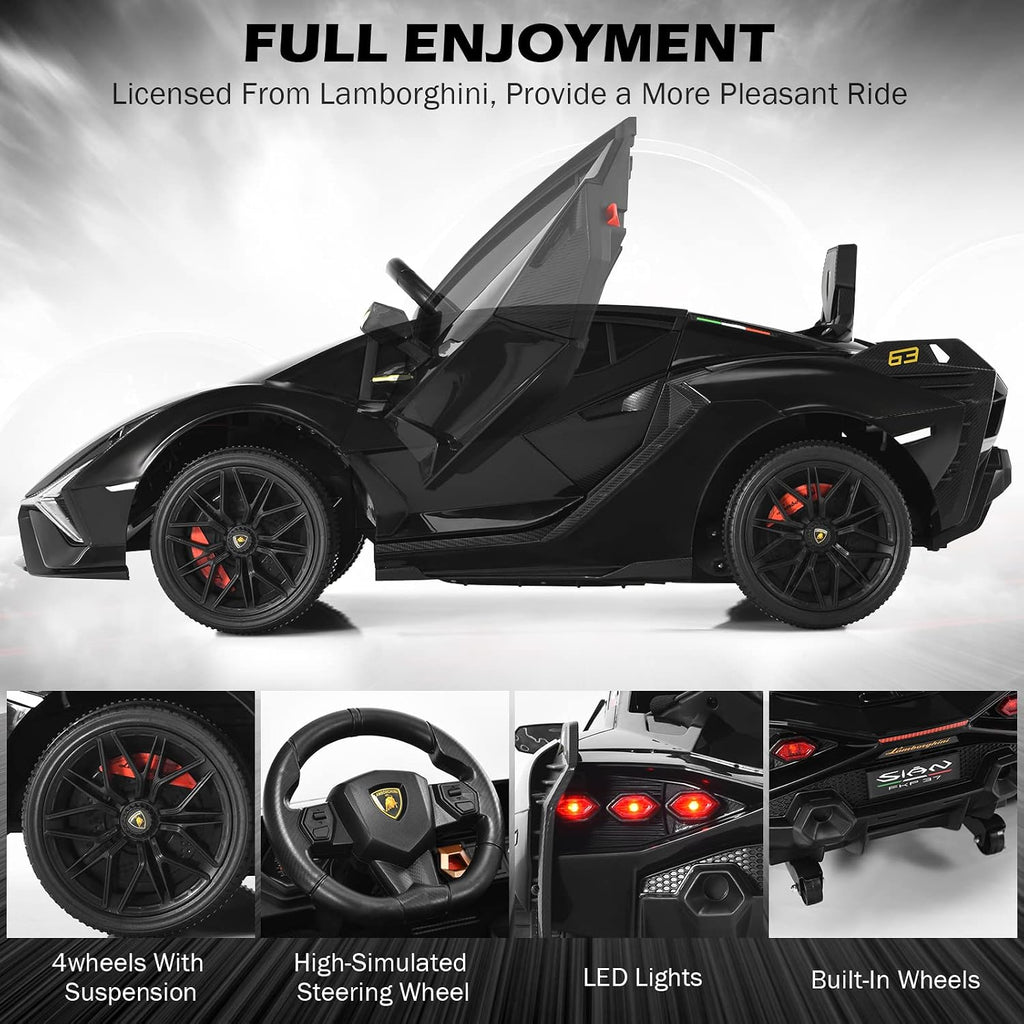 INFANS 12V Licensed Lamborghini Sian Kids Ride On Car with Parent Remote Control, Spring Suspension, MP3 Player, Electric Toy Roadster Carbon Fiber Textured for Toddler (Black)