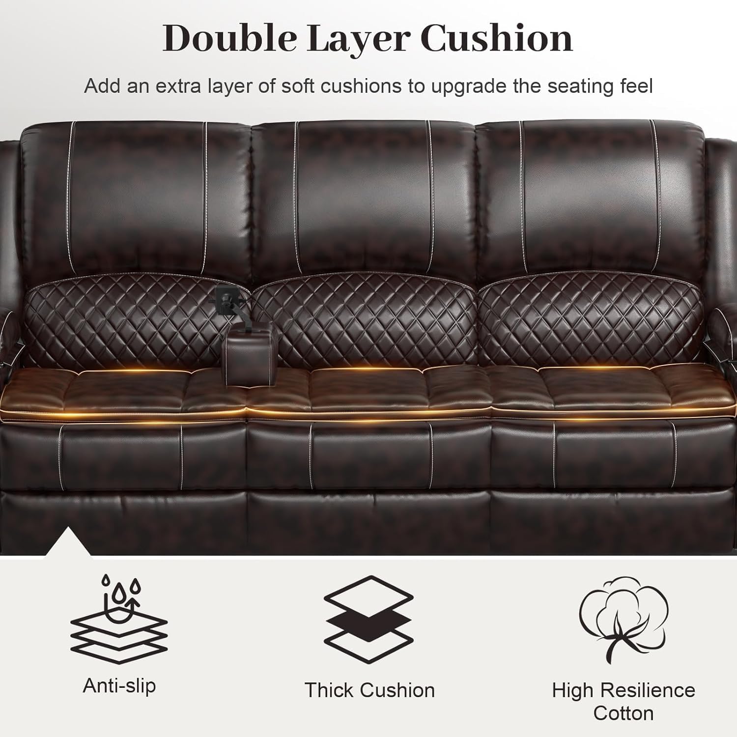 Yolsali 3-Seater Recliner Sofa, Manual Reclining Couch with Multi-Functional Middle Seat, Reclining Sofa for Living Room with Hidden Storage Space, Cup Holders, and Removable Console - PU Brown