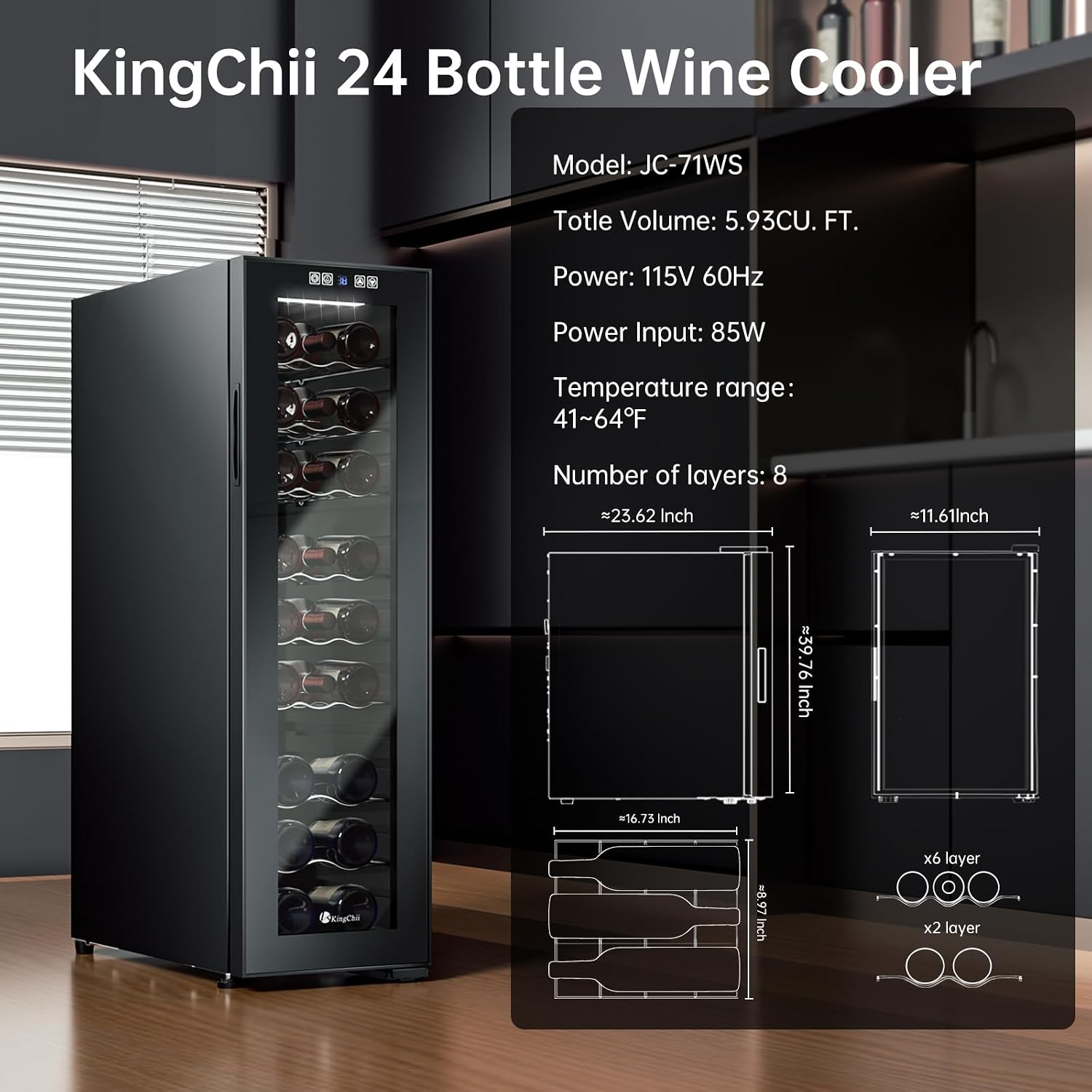 KingChii 24 Bottle Wine Cooler Refrigerator Freestanding Wine Fridge - Intelligent Digital Control, Low Noise Professional Compressor, Stainless Steel & Tempered Glass for Home, Office, or Kitchen