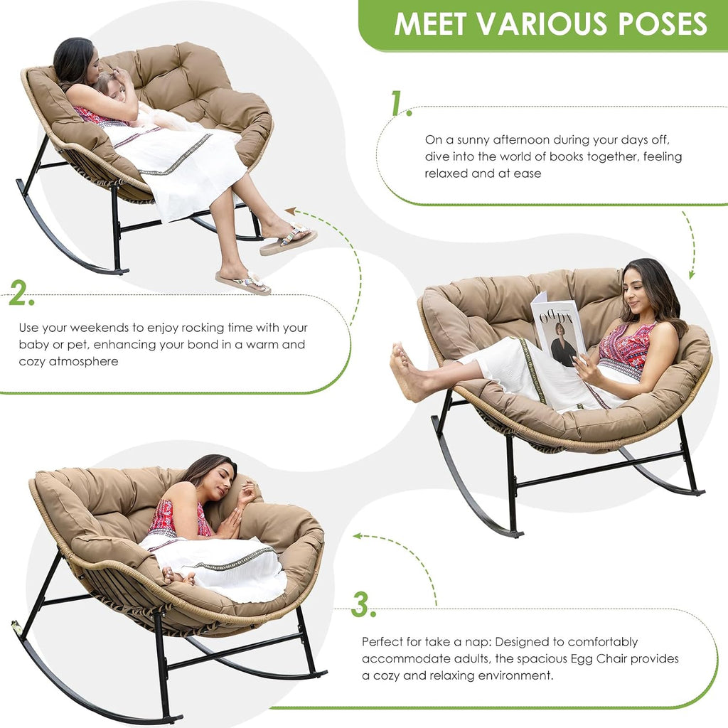 RADIATA 2 PCS Papasan Rocking Egg Chair, Indoor Outdoor Oversized Lounge Chair with Cushion, Double Wicker Rattan Rocker Loveseat, 450 lbs Capacity Outside Funiture for Patio Porch Livingroom Brown
