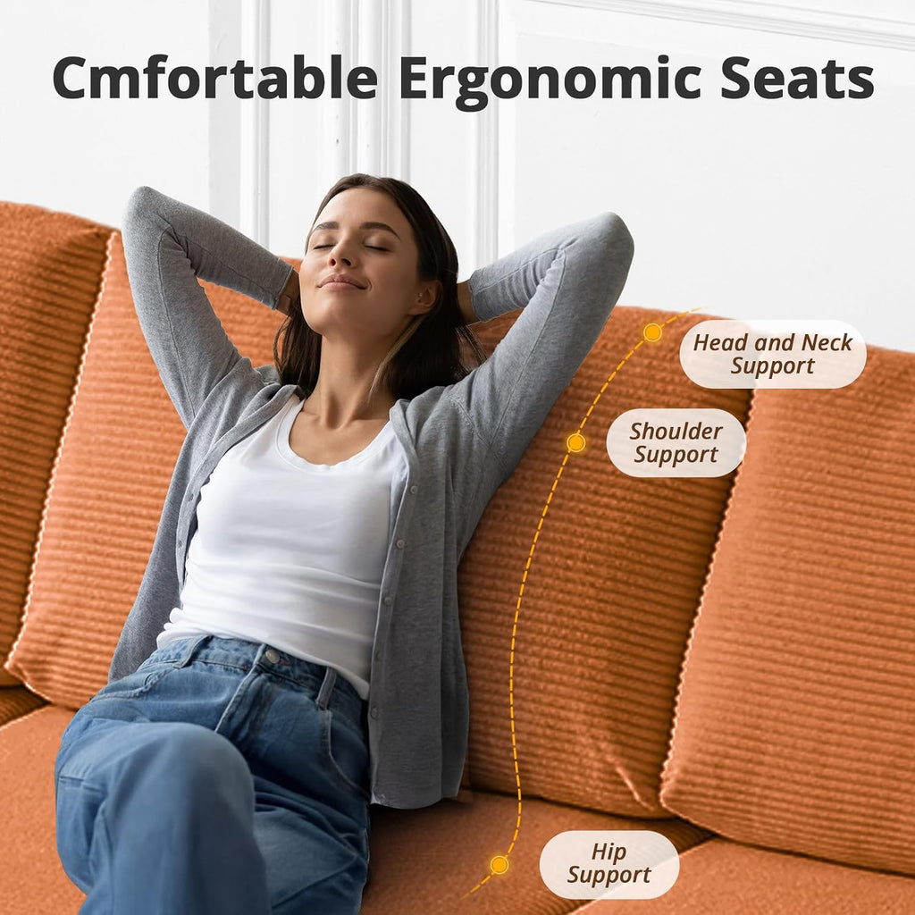 108' L-Shaped Boneless Couch, High Seat Modular Sectional Sofa with Moveable Ottoman, Corduroy Cloud Couches for Living Room, No Assembly, Ship in a Box, Orange