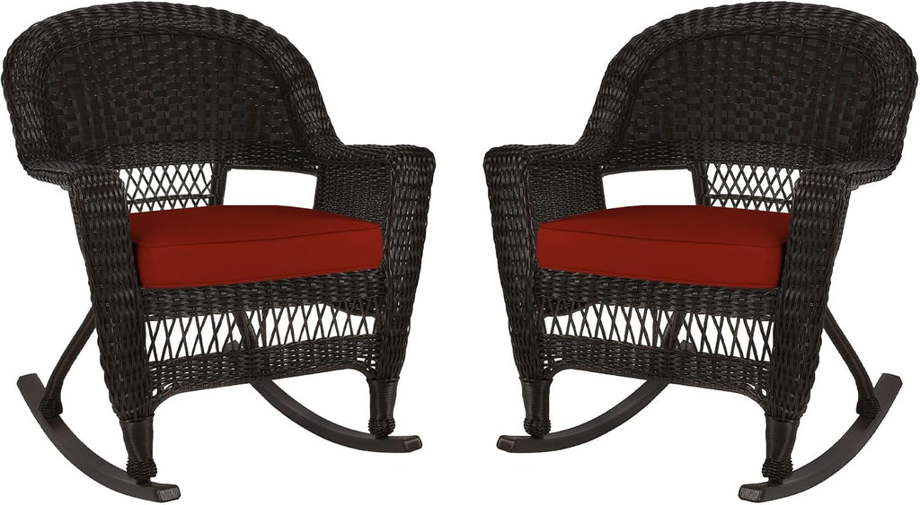 Jeco Rocker Wicker Chair with Red Cushion, Set of 2, Espresso