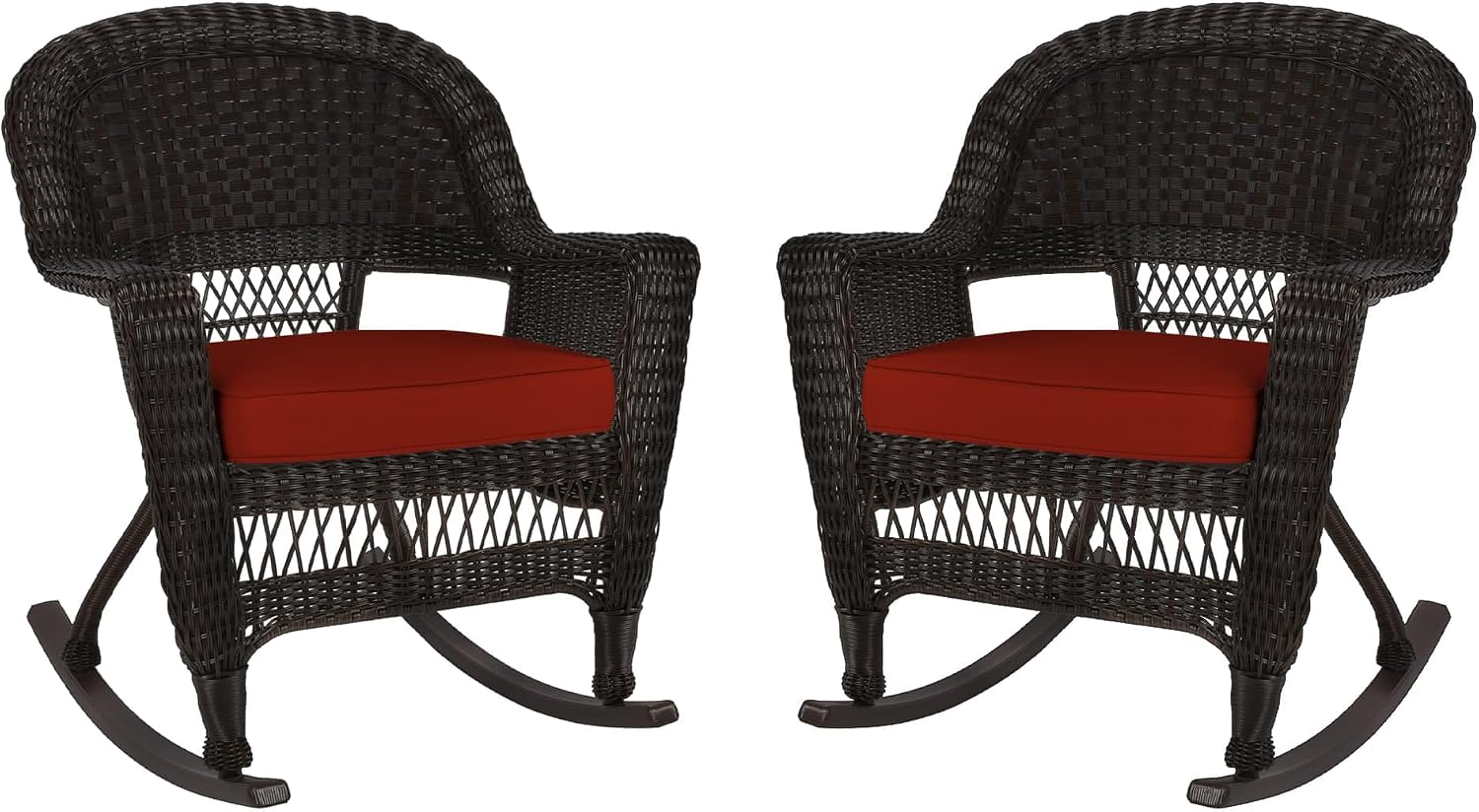 Jeco Rocker Wicker Chair with Red Cushion, Set of 2, Espresso