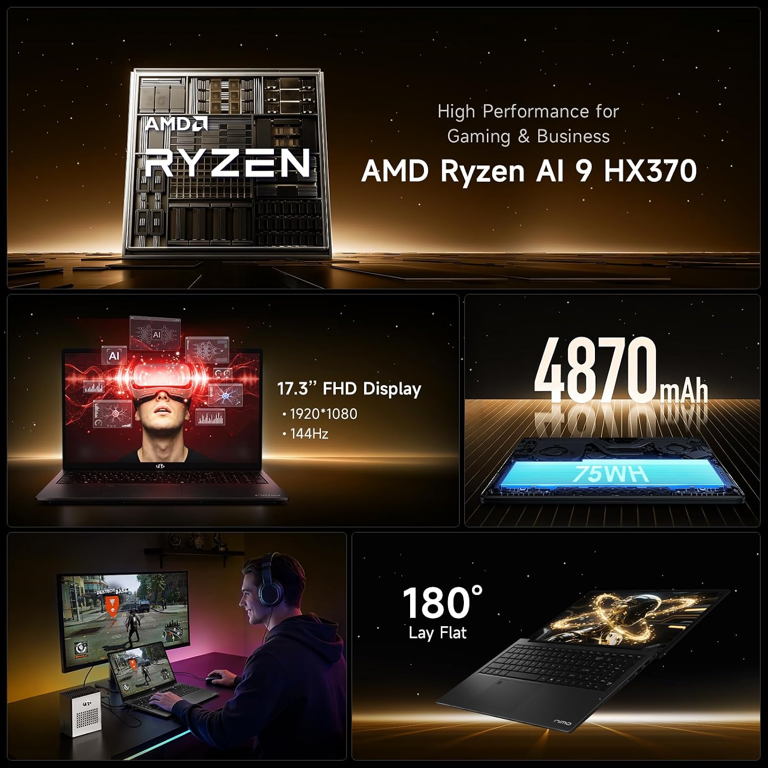 NIMO 17.3' Copilot+ AI Laptop, AMD Ryzen AI 9 HX 370 (Up to 5.1GHz), 32GB RAM 1TB SSD, Radeon 890M, 144Hz FHD Display, 100W Fast Charge, USB 4.0, Fingerprint, Win 11, Gaming & Business