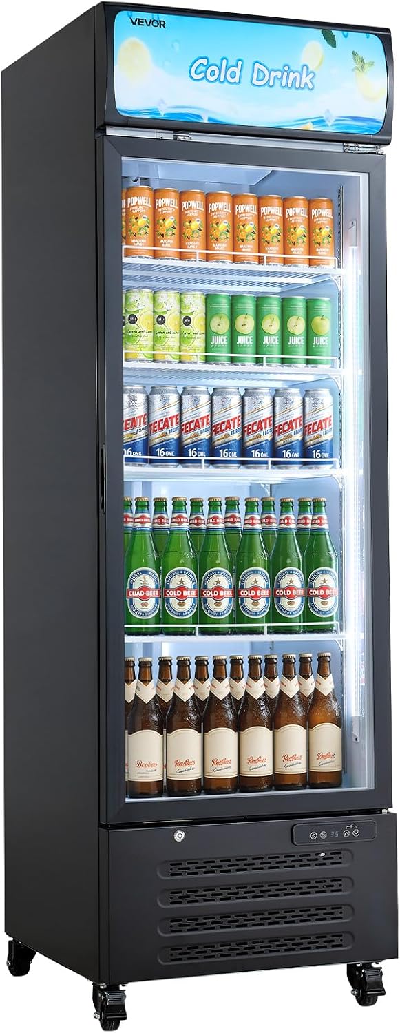 VEVOR Commercial Merchandiser Refrigerator, 15.9 Cu.Ft / 450 L Glass Door Display Refrigerator, Upright Beverage Cooler with Customizable Lightbox, 4 Adjustable Shelves & Soft LED Light for Home Shops