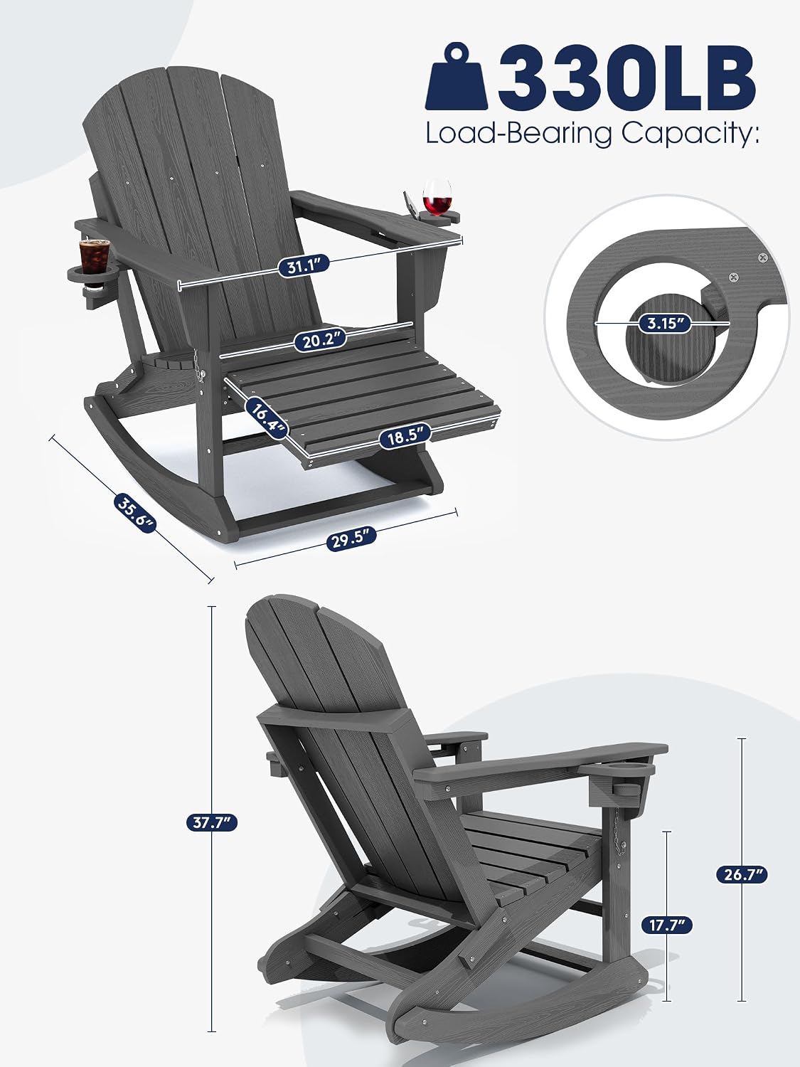 KINGYES Adirondack Rocking Chair Set of 2 with Retractable Ottoman and Cup Holders, HDPE Adirondack Rocker Patio Rocking Chair for Porch, Patio, Balcony, Leaden Grey