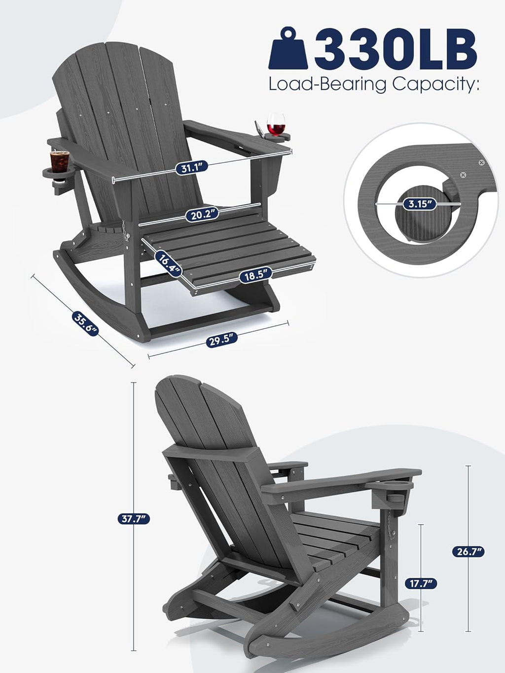 KINGYES Adirondack Rocking Chair Set of 4 with Retractable Ottoman and Cup Holders, HDPE Adirondack Rocker Patio Rocking Chair for Porch, Patio, Balcony, Leaden Grey