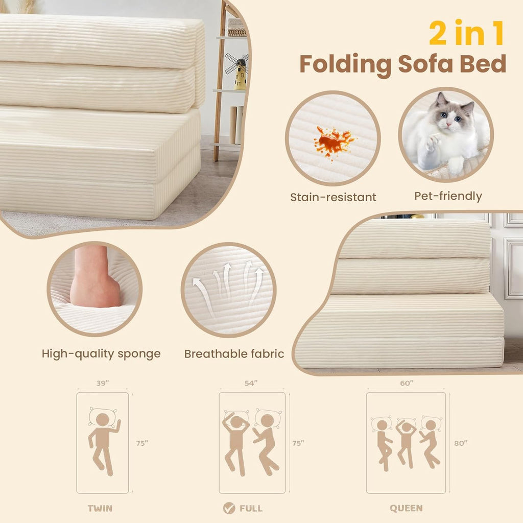 JUIKURY Folding Sofa Bed, Convertible Sleeper Chair with Pilow Foldable Matress, 2 in 1 Pull Out Loveseat Sofa Portable Fold Out Chair Bed Floor Couch Lounge for Living Room Bedroom (Beige, Twin)