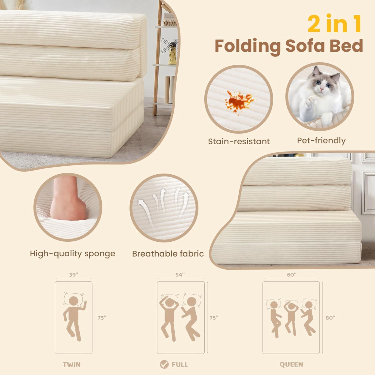 JUIKURY Folding Sofa Bed, Convertible Sleeper Chair with Pilow Foldable Matress, 2 in 1 Pull Out Loveseat Sofa Portable Fold Out Chair Bed Floor Couch Lounge for Living Room (Beige, Queen-61Inch)