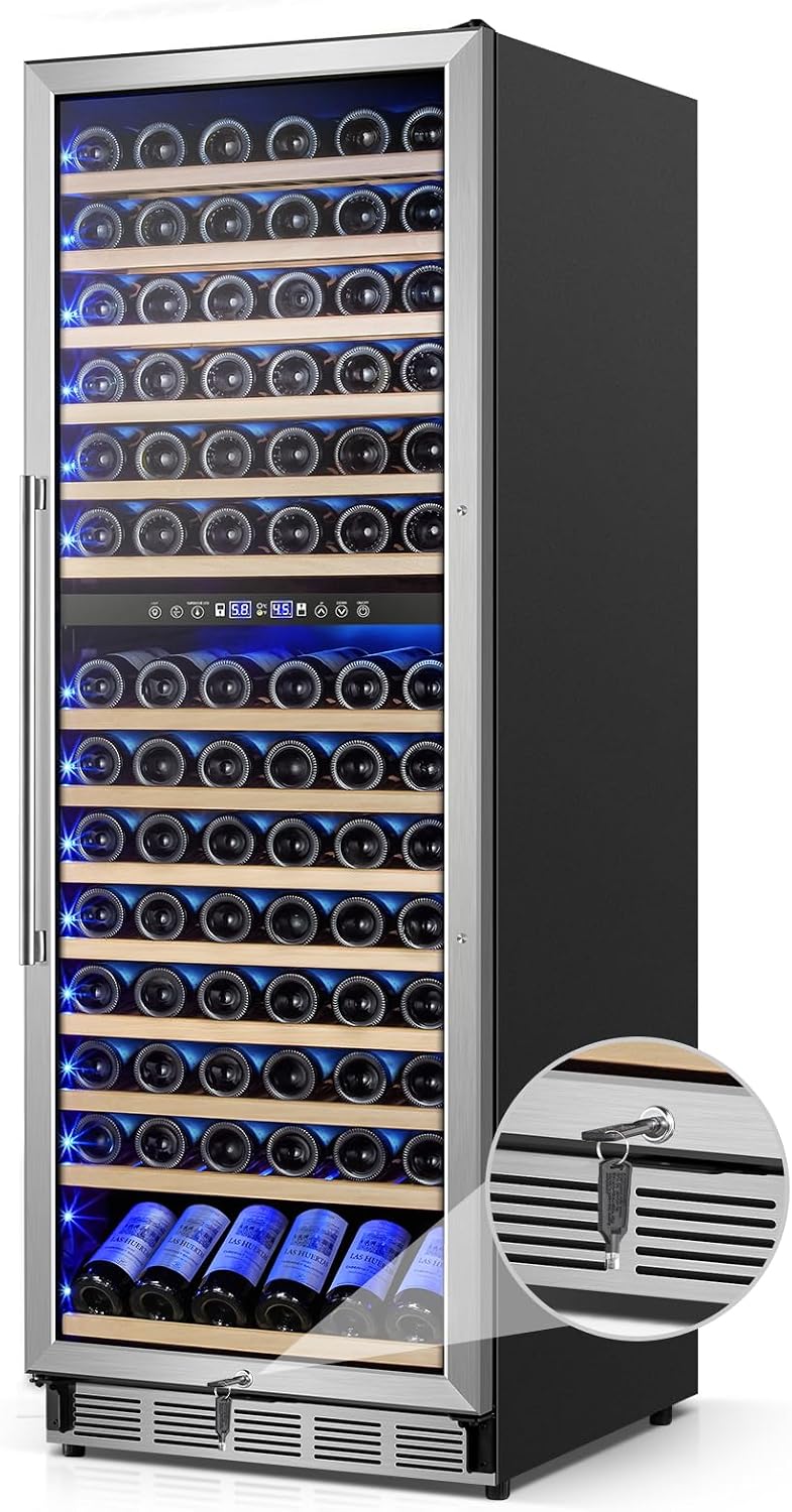 FoMup Wine Cooler Refrigerator 24 Inch, 180 Bottles Large Wine Fridge Dual Zones, Tall Freestanding/Built-in Wine Cellar Professional with Reversible Door Sliding Rail Shelves