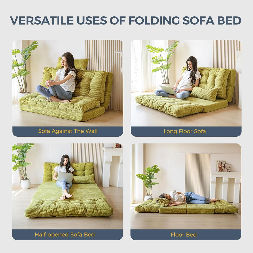 MAXYOYO Folding Sofa Bed, Tufted Bean Bag Bed with Pillows Floor Mattress for Adults, Extra Thick and Long Floor Sofa, Twin Couch for Bedroom Living Room, Green, 39x91 Inch