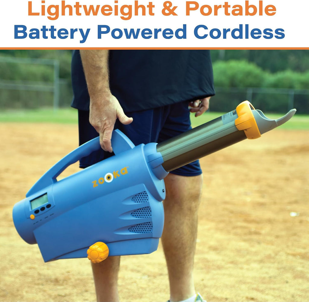 Zooka ZS740 Baseball Pitching Machine - Throws Balls 10-70 MPH- Cordless Battery Powered Pitching Machine for Kids, Youth, Adults - Adjustable Pitching Machine Baseballs - Tall Telescoping Tripod