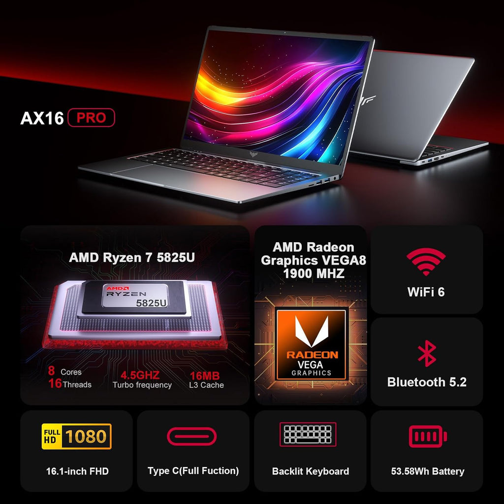 MALLRACE 2025 Laptop with Backlit Keyboard, 16.1-inch FHD Display Laptop with AMD Ryzen 7 5700U Processor(8C/16T), 16GB RAM 512GB ROM Laptop Computer, Support WiFi 6, 53Wh Battery