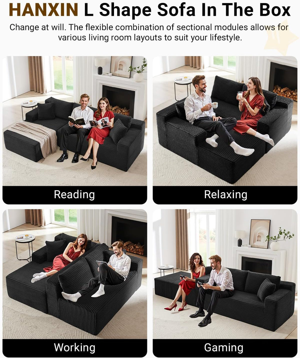 105 Inch Cloud Sectional Couch,Modern Modular Sectional Sofa with Deep Seat,Corduroy Boneless Couches with L-Shape Chaise for Living Room Bedroom,No Assembly Required (Black, Left Facing Chaise)