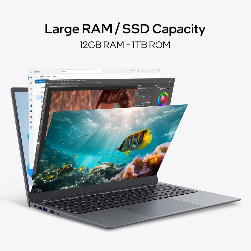 UOWAMOU 15.6 IPS-FHD-Laptop, 12GB LPDDR5 RAM 1TB NVMe SSD Laptop Quad Core N95 (up to 3.4GHz), Multi-Ports Lightweight Computer for Student-Home WiFi 5 BT5.0