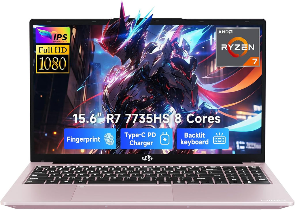 NIMO 15.6' IPS FHD-Gaming-Laptop, AMD 8 Cores Ryzen 7 7735HS 16GB DDR5 RAM 512GB SSD (Beats i7-12650H) Computer with Radeon 680M 100W Type-C Charger Backlit Keyboard Fingerprint, for Gaming Business