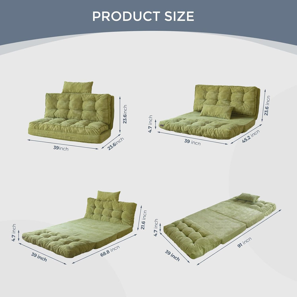MAXYOYO Folding Sofa Bed, Tufted Bean Bag Bed with Pillows Floor Mattress for Adults, Extra Thick and Long Floor Sofa, Twin Couch for Bedroom Living Room, Green, 39x91 Inch
