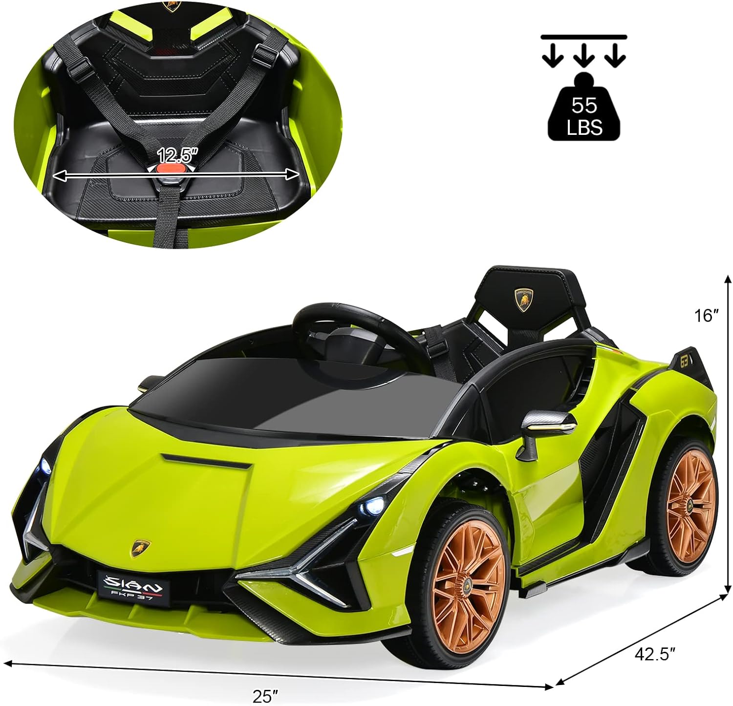 INFANS 12V Licensed Lamborghini Sian Kids Ride On Car with Parent Remote Control, Spring Suspension, MP3 Player, Electric Toy Roadster Carbon Fiber Textured for Toddler (Green)