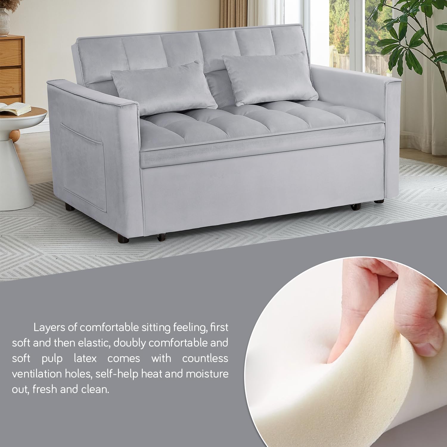 3 in 1 Convertible Sleeper Sofa Bed, 54'' Full Size Velvet Pull Out Futon Couch Recliner with Reclining Backrest & 2 Pillows, Small Loveseat Lounge Couches for Small Spaces (Silver Grey)