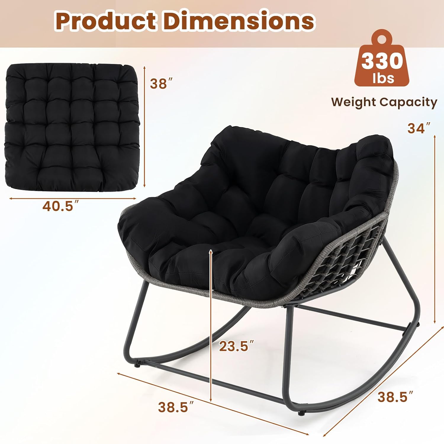 Giantex Outdoor Rocking Chair with Padded Cushion, Oversized Papasan Chair, PE Rattan, Egg Rocker for Reading, Front Porch, Garden, Patio, Backyard (1,Black)