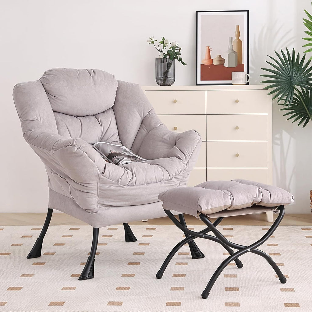 Furlide Lazy Chair with Ottoman, Modern Chair with Folding Footrest, Lounge Accent Chair, Comfortable Reading Chair, Oversized Armchairs for Bedroom, Study, Living Room, Courtyard (Light Grey)