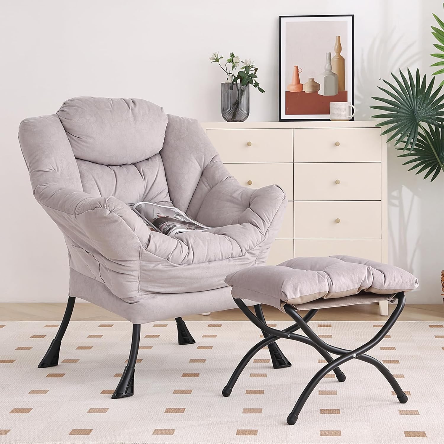 Furlide Lazy Chair with Ottoman, Modern Chair with Folding Footrest, Lounge Accent Chair, Comfortable Reading Chair, Oversized Armchairs for Bedroom, Study, Living Room, Courtyard (Light Grey)