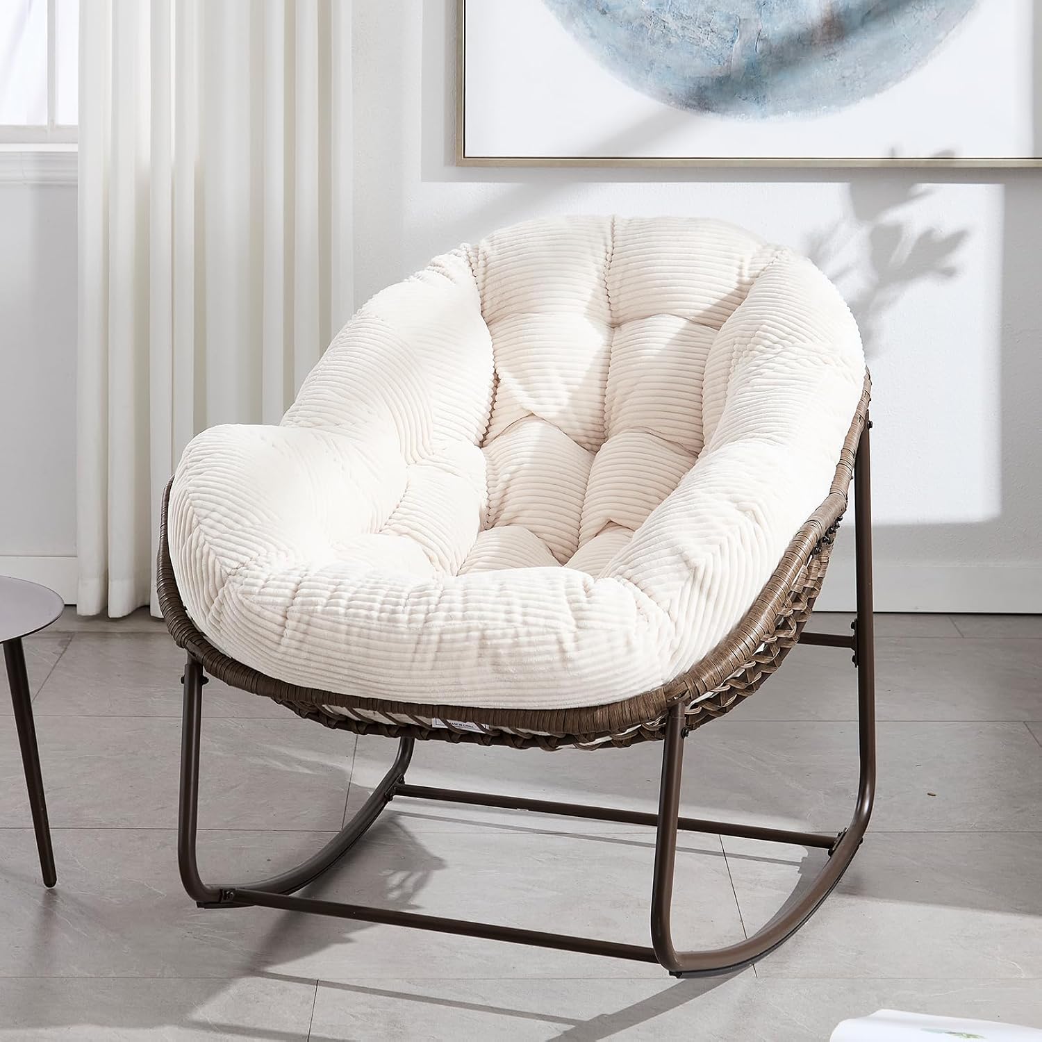 JEEOHEY Papasan Rocking Chairs Outdoor Indoor, Oversized Rattan Rocker Patio Chair with Padded Cushion, Comfy Modern Indoor Egg Chair for Living Room, Bedroom, Porch, Garden, Balcony(Corduroy, White)