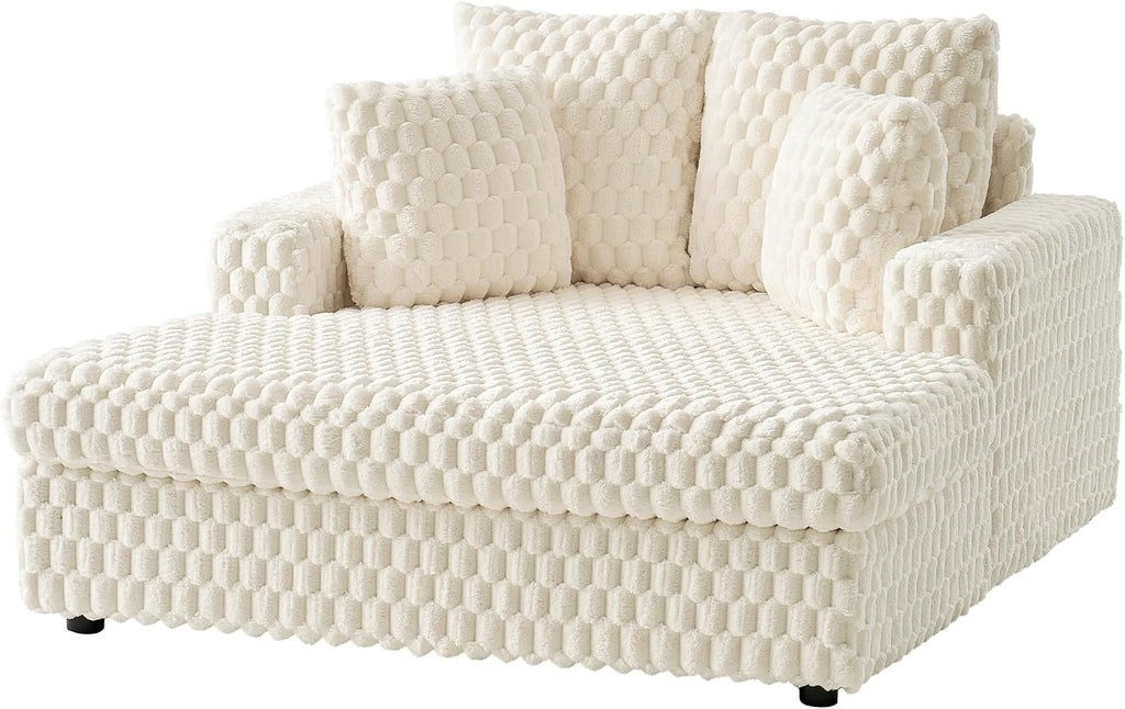 VanAcc 58 Inch Chaise Lounge Indoor, Upholstered Sofa Bed with Throw Pillows and Armrests, Sleeper Bed- Plush Lounge Chair for Living Room, White
