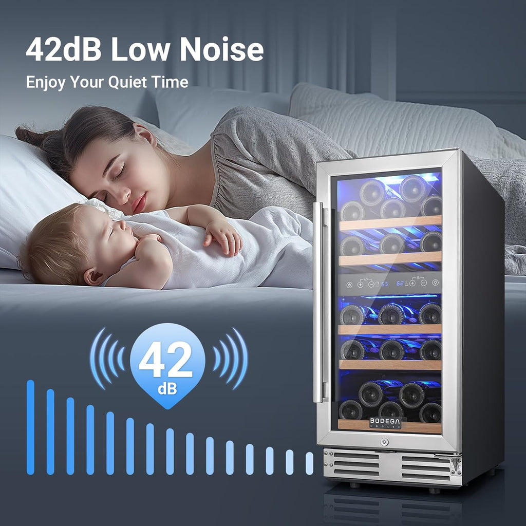 BODEGA 15 Inch Wine Cooler Dual Zone, 30 Bottle, Built-In or Under Counter Freestanding Wine Cooler Refrigerator With Stainless Steel Handle, Wine Fridge With Lock, Energy Efficient,For Home, Kitchen