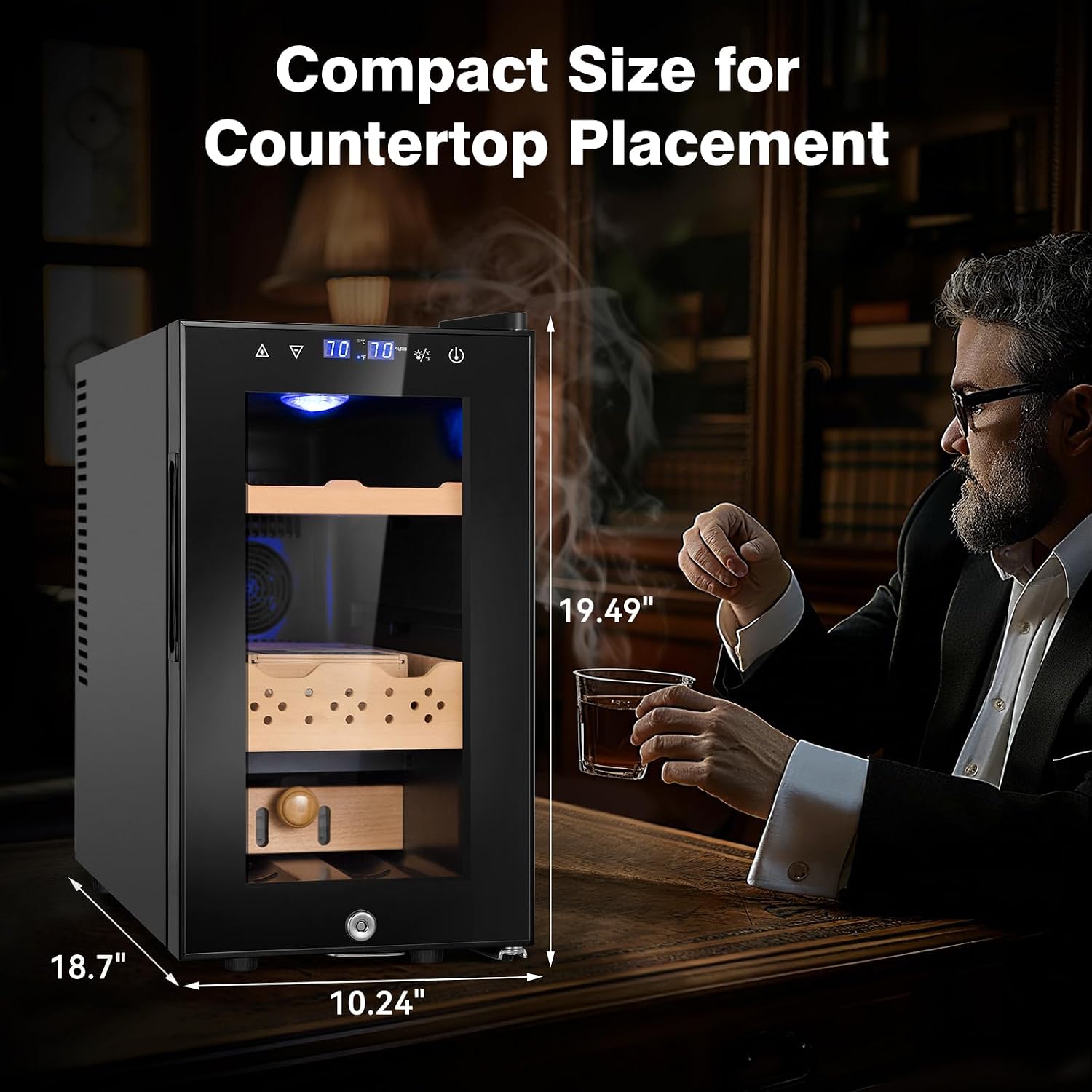Electric Cooler Cabinet 25L with Temperature and Humidity Control, Spanish Cedar Wood Shelves and Safety Lock (200 Counts Capacity), Gift for Men