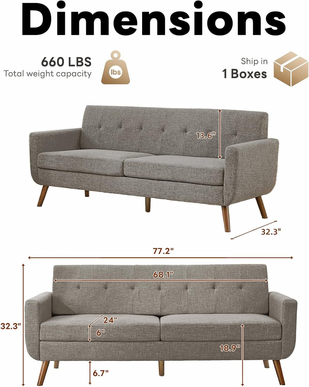 Tbfit 77.2' W Linen Sofa Couch, Mid Century Modern Decor Loveseat Couches for Living Room, Button Tufted Upholstered Small Couch for Bedroom, Solid, and Easy to Install Love Seats Furniture, Grey