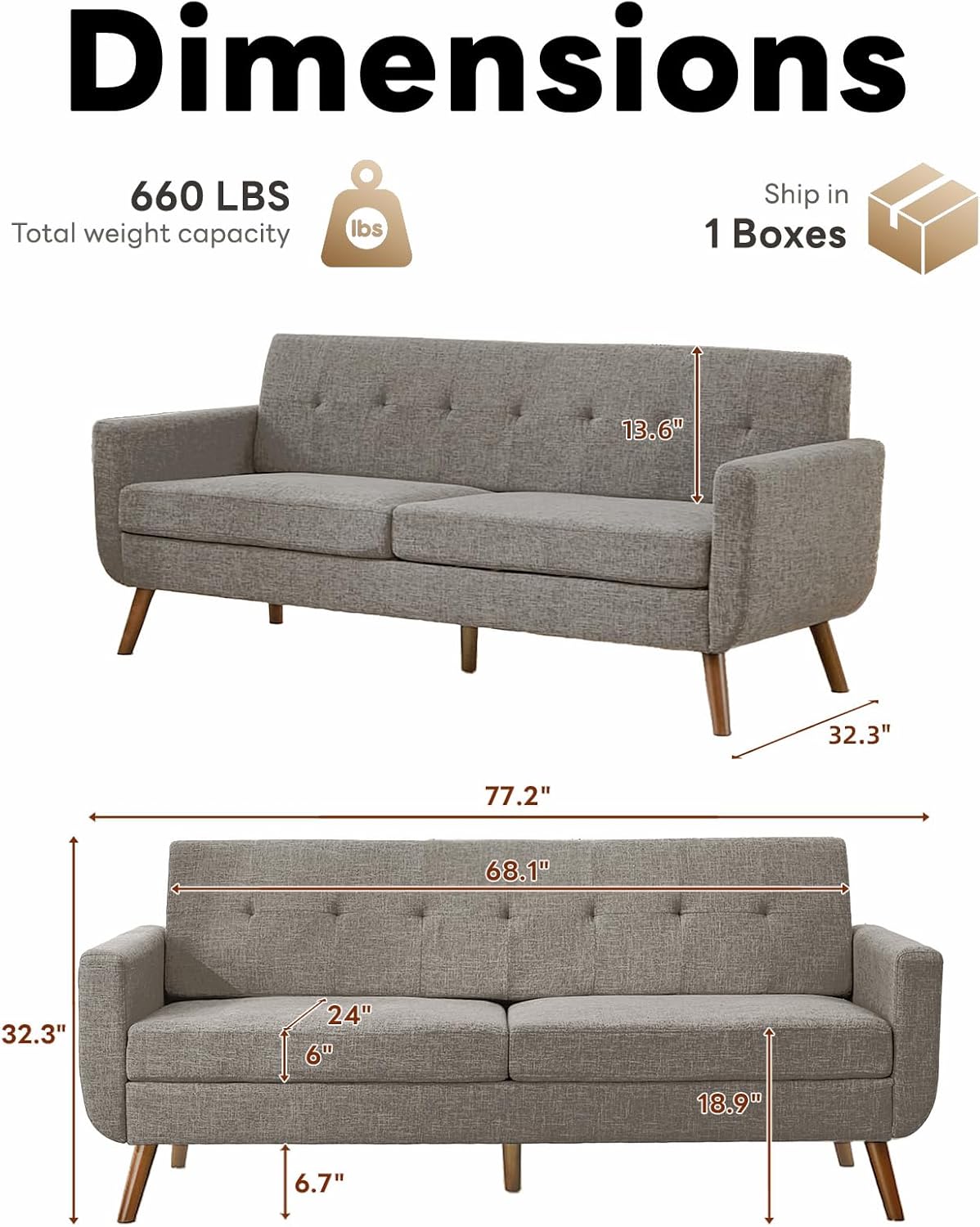 Tbfit 77.2' W Linen Sofa Couch, Mid Century Modern Decor Loveseat Couches for Living Room, Button Tufted Upholstered Small Couch for Bedroom, Solid, and Easy to Install Love Seats Furniture, Grey