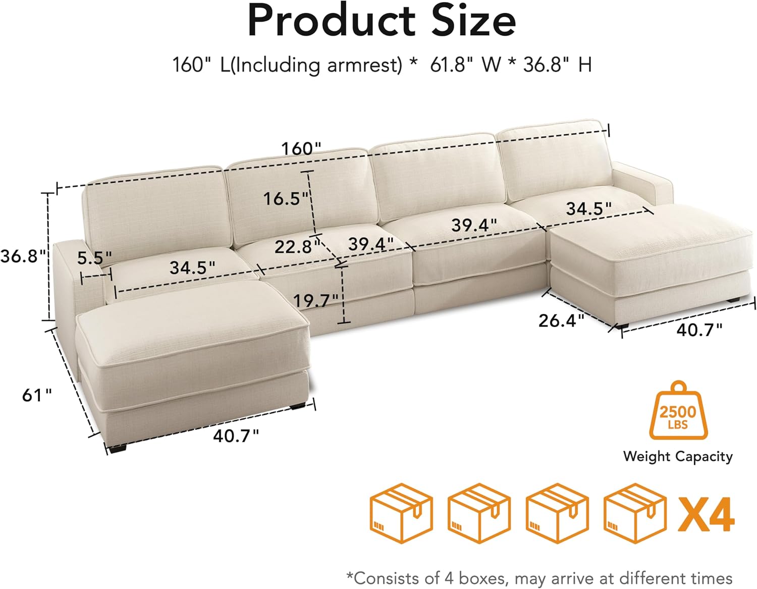 Vipbear 160' Oversized Modular Sectional Sofa, U Shaped Couch Set with 2 Pillows, 6 Seat Comfy Cloud Couches with 2 Movable Ottomans for Living Room, Bedroom and Apartment, Chenille Beige