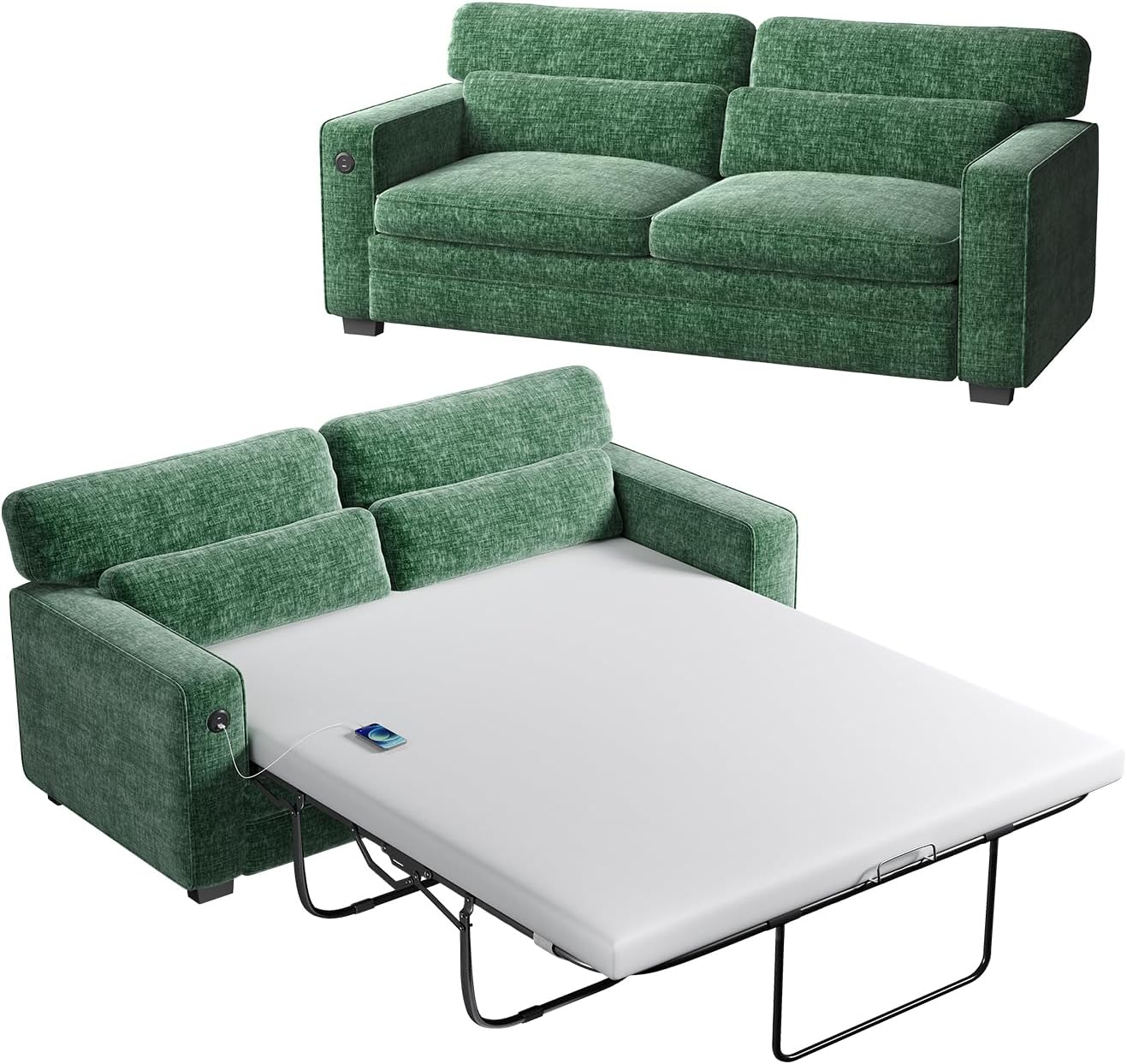 Marsail Pull Out Sofa Bed, Full Size Sleeper Sofa with Memory Foam Mattress, 2 USB Charging Ports & Removable Covers, Chenille Loveseat Couch for Living Room, Apartment, Green