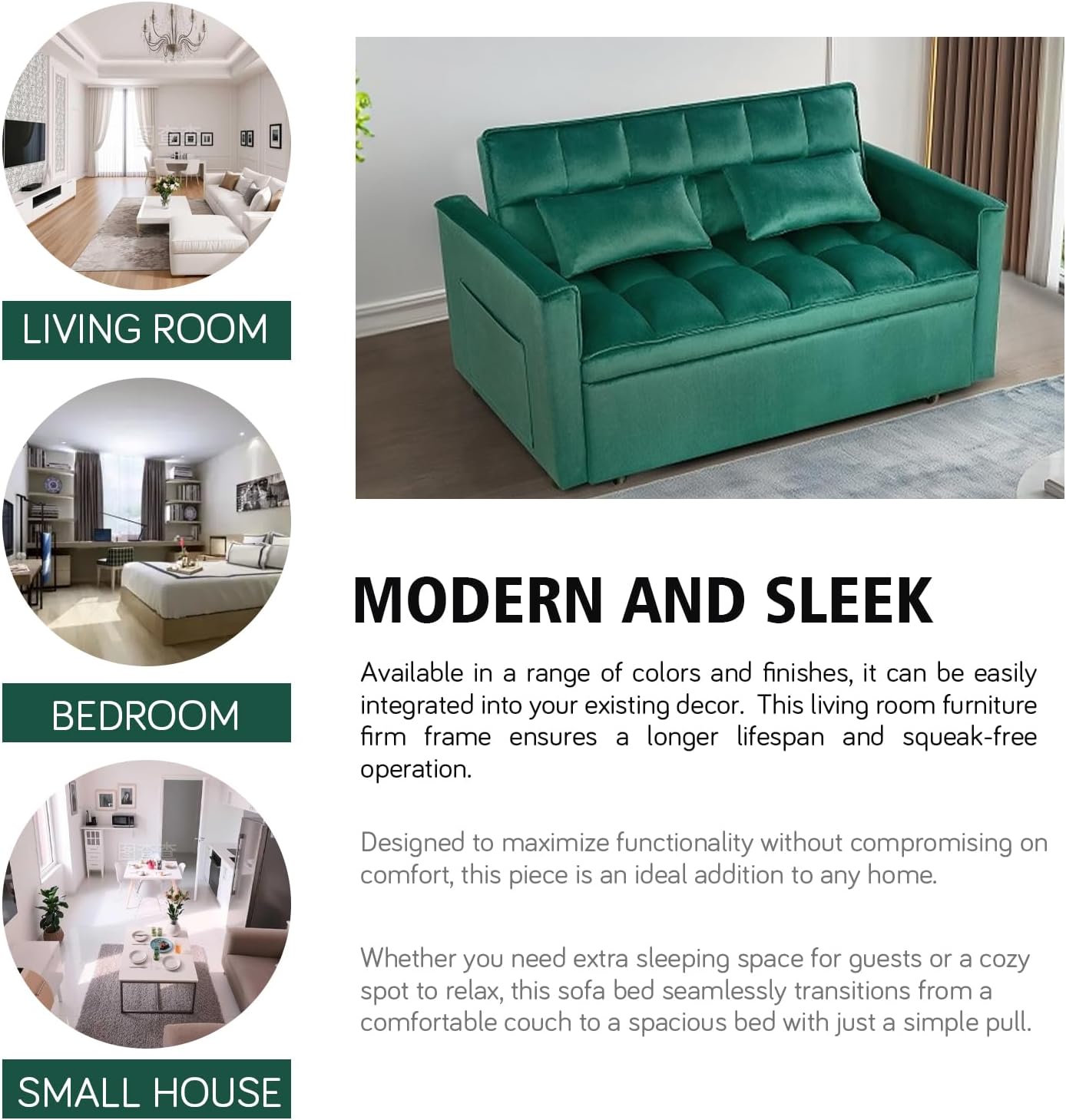 3 in 1 Convertible Sleeper Sofa Bed, 54'' Full Size Velvet Pull Out Futon Couch Recliner with Reclining Backrest & 2 Pillows, Small Loveseat Lounge Couches for Small Spaces (Dark Green)