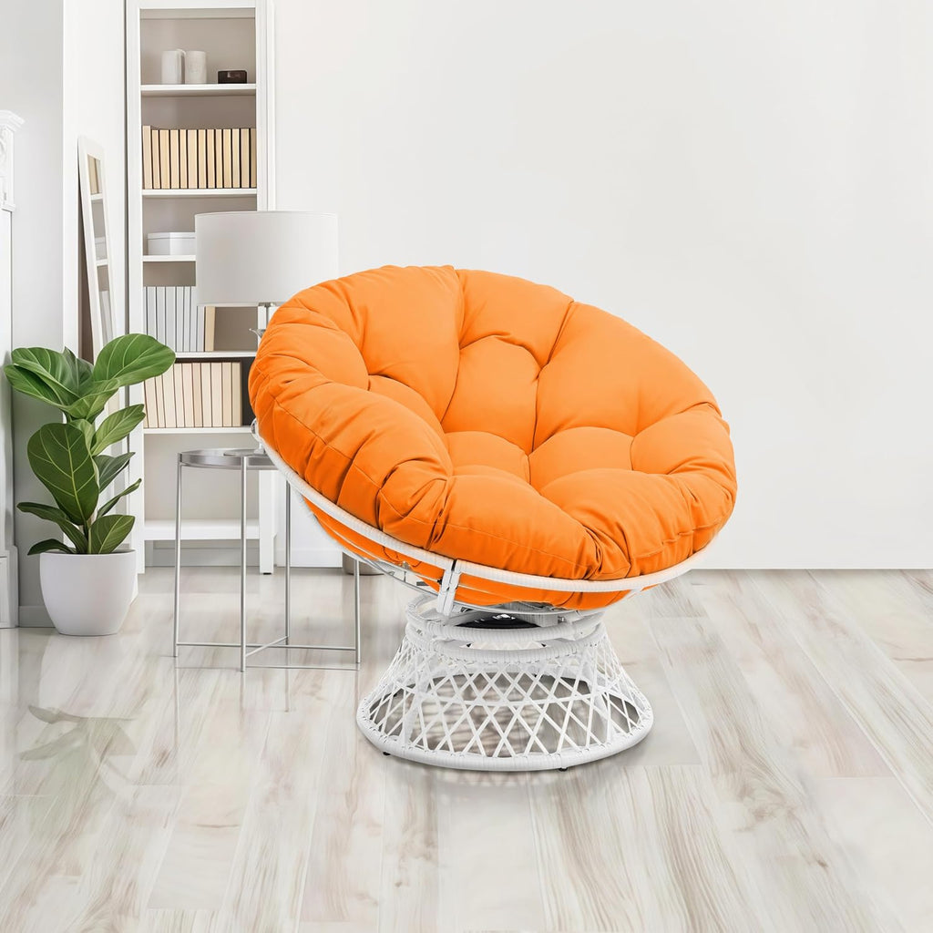 GLORY PATIO 360° Swivel Papasan Chair - 350lbs Capacity Indoor/Outdoor Wicker Lounge Chair with Thick Cushion, Modern Accent Chair for Living Room, Bedroom, Patio (White Frame & Orange Cushion)