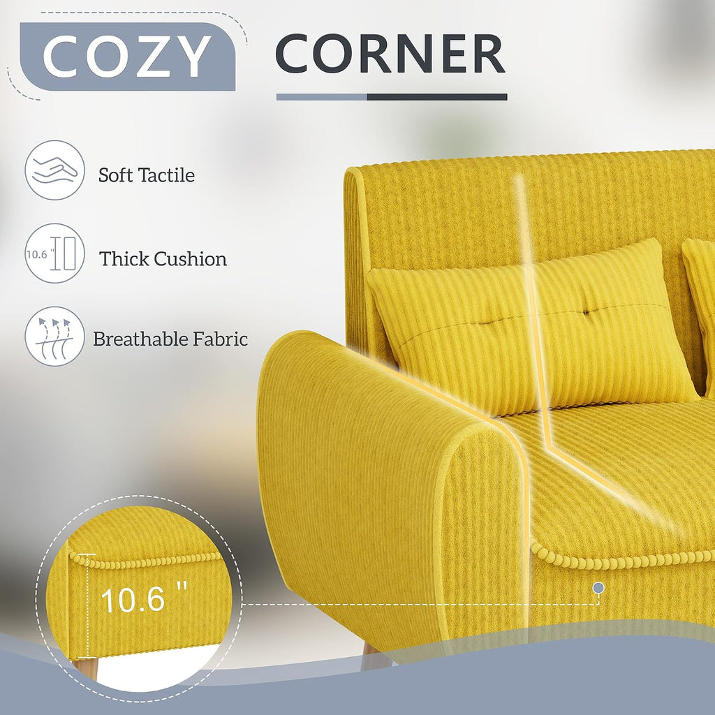 Shintenchi 48'' Loveseat Sofa, Mid-Century Modern Upholstered Couch Deep Seat with 2 Pillows, 10' Thick Cushion with Spring, Solid Wood Frame Small Couch for Living Room, Dorms & Office, Yellow