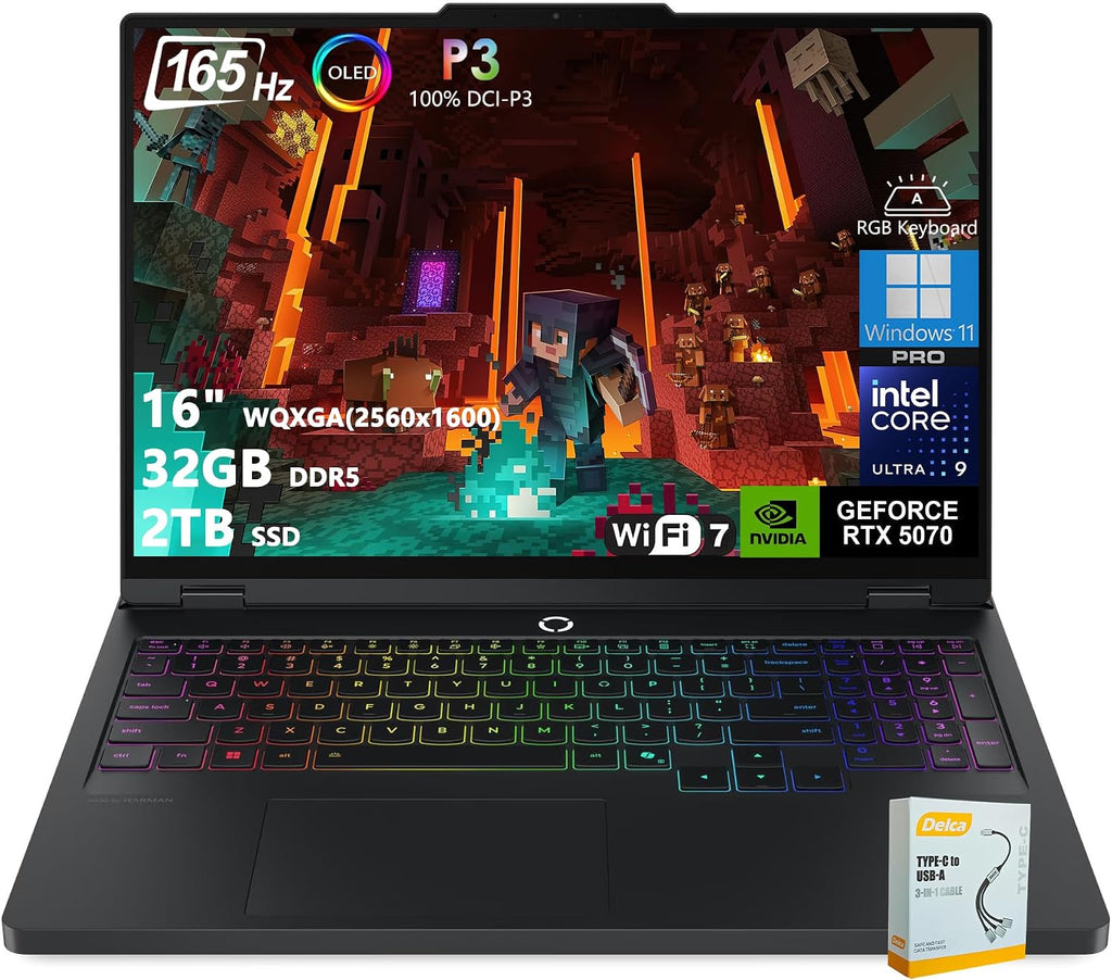 Lenovo Legion Pro 5i AI-Powered Gaming Laptop | 16' WQXGA OLED 165Hz | Intel Core Ultra 9 275HX | 32GB DDR5 2TB SSD | GeForce RTX 5070 (798 AI Tops) | RGB Backlit Wi-Fi 7 Win11 Pro w/DLCA Accessory