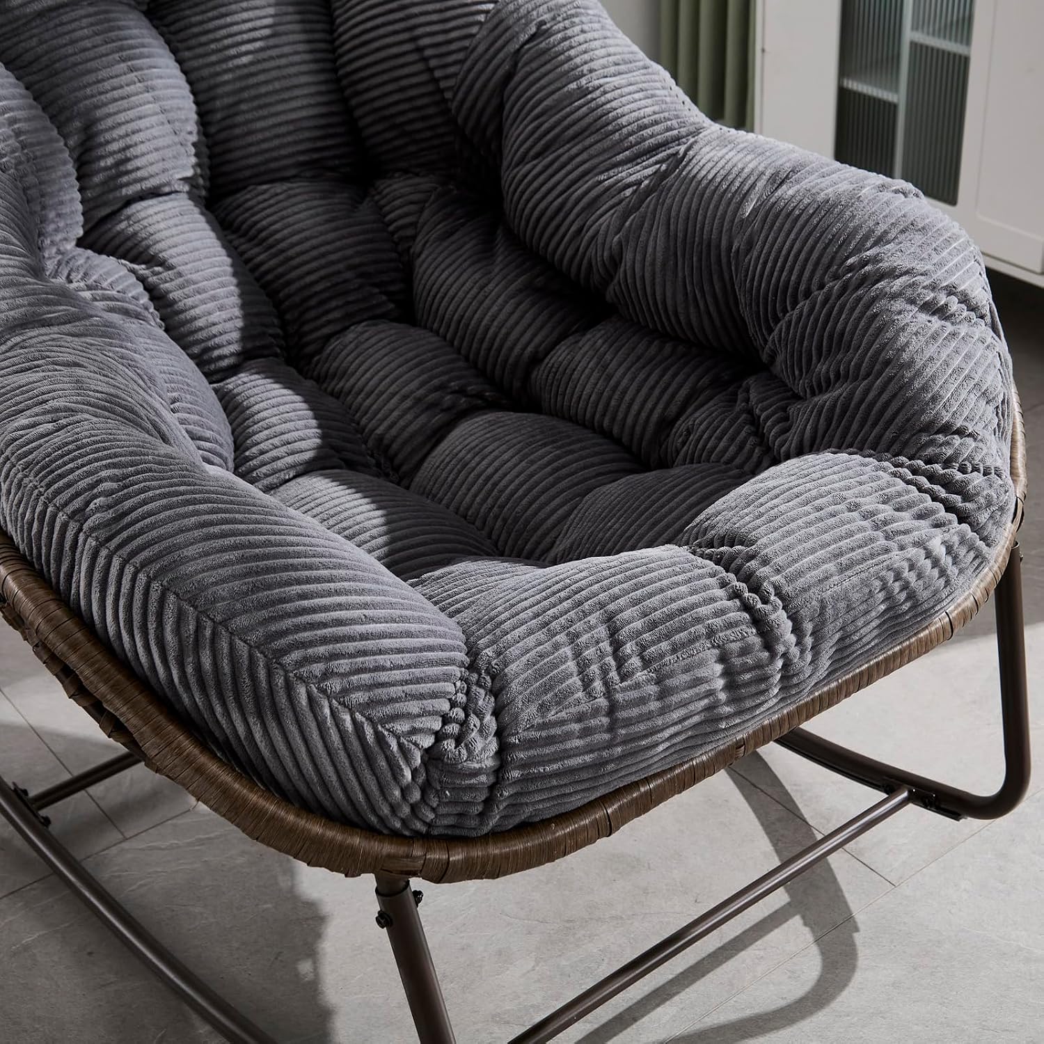 Outside Rattan Rocking Chair with Wicker Cushion, Oversized Lounge Papasan Chair, Outdoor Camping Chairs Patio Furniture for Garden, Balcony, Front Porch & Living Room, Grey2